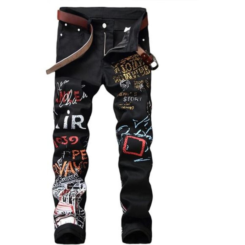 Men's Casual Printed Slim Fit Jeans Skinny Denim Pants